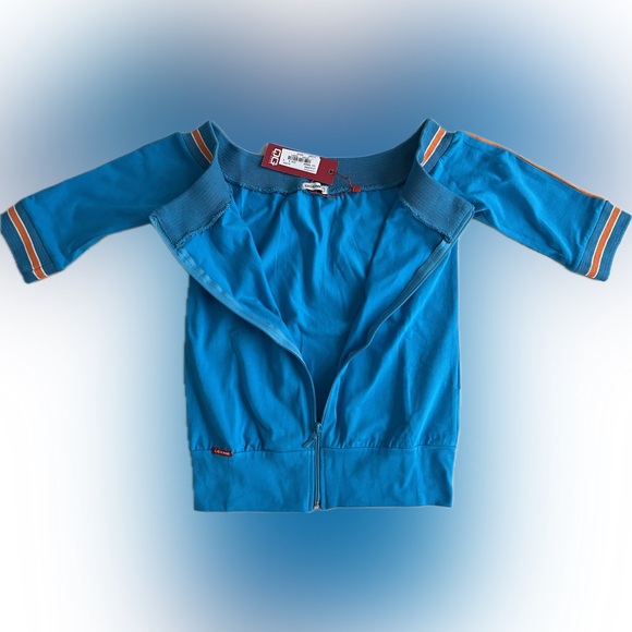 🆕Retro-Style Zip-Up 3/4 Sleeve Shirt | Turquoise | Orange/White Ribbing | Small - Picture 8 of 16